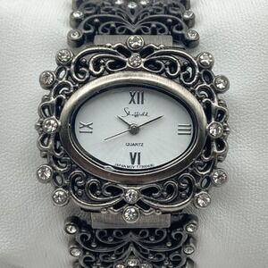 Sheffield Womens Watch 36mm Gunmetal Filigree Cuff Crystals New Battery SMALL 6"